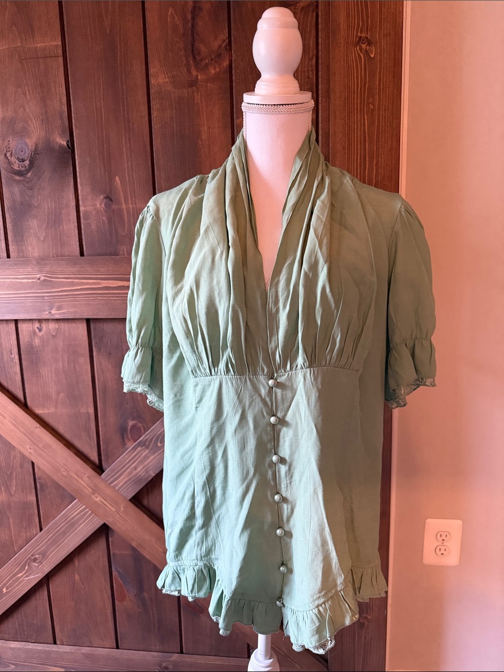 Light Sage Green Ruffle-Trim V-Neck Button Blouse